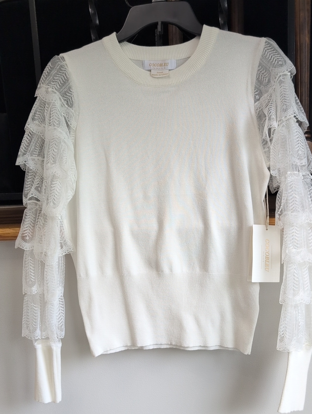 White Lace-Tier Sleeve Crew Neck Sweater